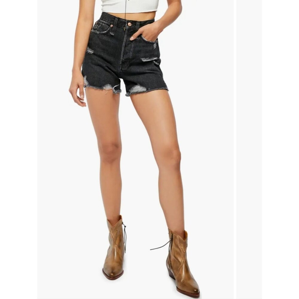 We the Free Makai Ripped Cutoff Denim Shorts - Black Charcoal - Size 26 Womens
